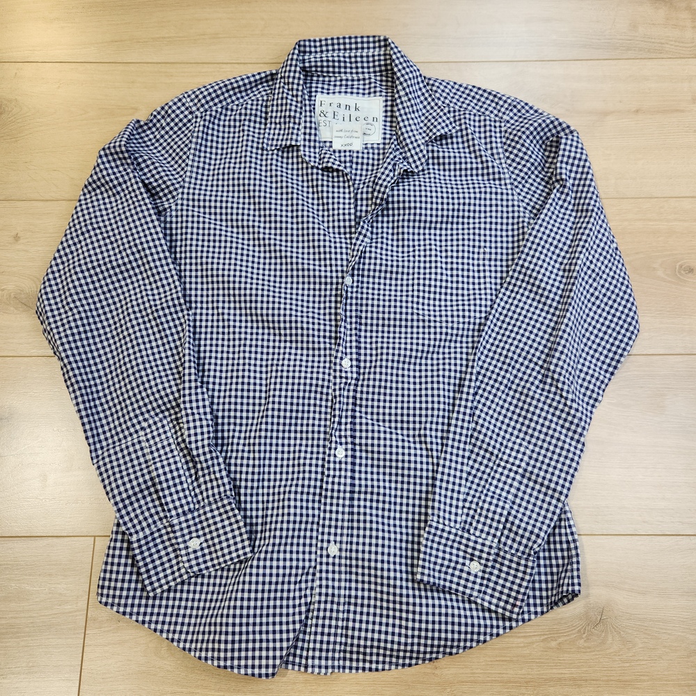 Frank & Eileen Barry Shirt Womens Large Blue Check Button Up Made USA Cotton